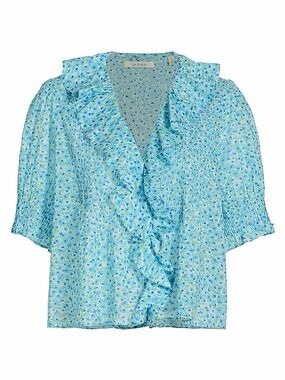 Doen Aqua Blue Floral henri cotton Ruffle preppy bohemian Blouse size large